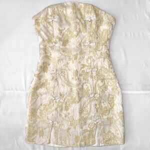 White and gold strapless lace satin dress